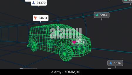 Displaying neon-green wireframe van showing wheels in teal tunnel with badges 3471 5947 54631 Stock Photo