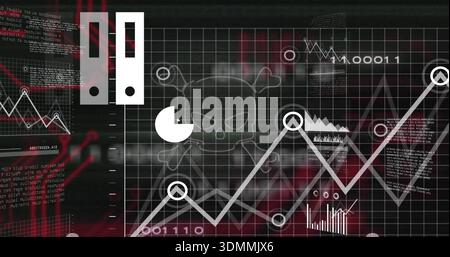 Displaying centered skull crossbones on dark dashboard grid showing upward graph, nodes, binary Stock Photo