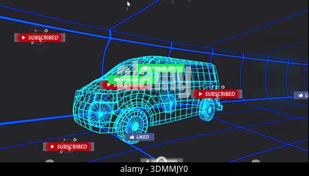 Showing cyan wireframe SUV rotating in 3D tunnel, displaying SUBSCRIBED Message Sent LIKED controls Stock Photo