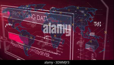 Displaying stylized world map and translucent panels in digital UI, with nodes, warnings Stock Photo