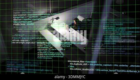 Typing woman wearing dark jacket coding on laptop at desk with lamp, code grid, copy space Stock Photo