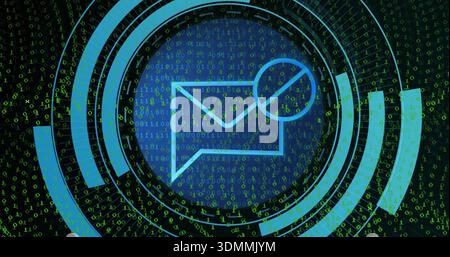 Displaying central blue envelope icon pulsing inside HUD, showing alert badge, rings, binary digits Stock Photo