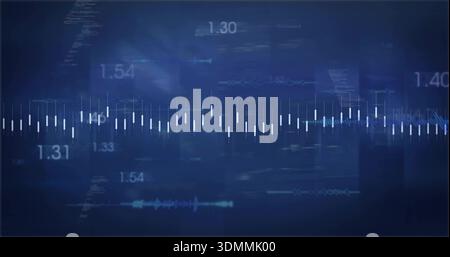 Displaying audio visualizer pulsing on dark navy screen, with equalizer bars and numeric overlays Stock Photo