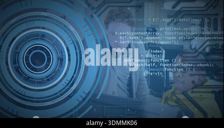 Projecting hologram UI in office, showing code and faces wearing blazers and sweaters, copy space Stock Photo