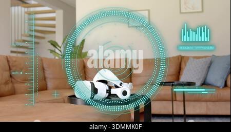Sitting white VR headset centered on black coffee table in living room, projecting teal HUD Stock Photo