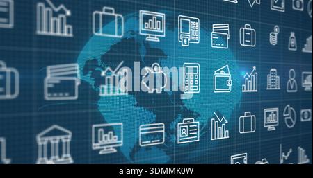 Rotating holographic dotted globe projecting across virtual dashboard, displaying credit card icons Stock Photo