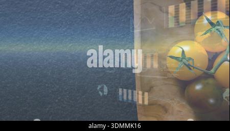 Showing yellow cherry tomato cluster on vine sitting on wooden bowl at studio, HUD, copy space Stock Photo
