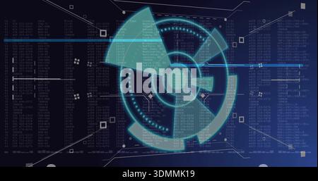 Displaying cyan or teal HUD rotating on dark blue control panel, with scan line and code columns Stock Photo