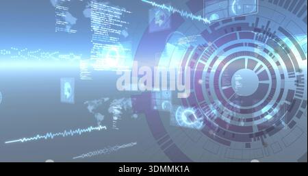Projecting large circular HUD on right in holographic workspace, with floating code panels Stock Photo