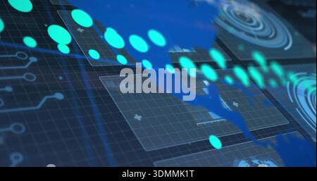 Flowing diagonal band of glowing turquoise nodes crossing HUD, showing blue world map overlay Stock Photo