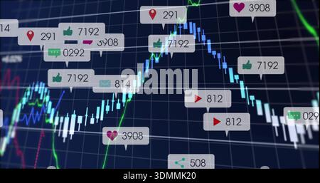 Displaying candles with dual line plots on dashboard, axes and floating tags with icons and numbers Stock Photo