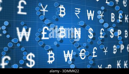 Displaying centered white currency and crypto symbols on blue grid, overlaying blue circular nodes Stock Photo