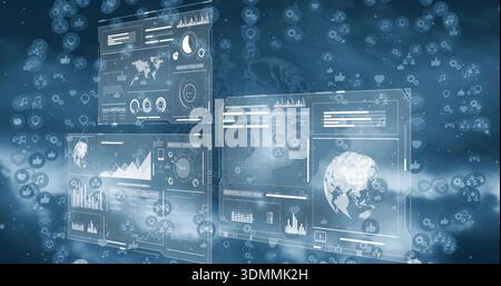 Displaying translucent HUD panels in virtual workspace, featuring pixel globe, charts, icons Stock Photo