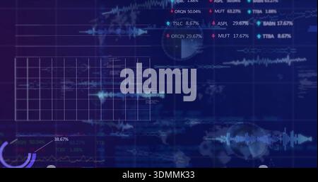 Displaying central data grid showing horizontal waveform on digital dashboard, with gauge 38 Stock Photo