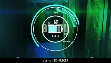 Displaying translucent HUD showing 64% battery in datacenter aisle with mesh racks and LED lights Stock Photo