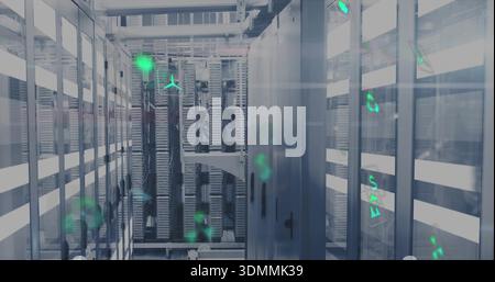 Showing metal server rack enclosures with rack-mounted servers, cabling, LED lights in data center Stock Photo
