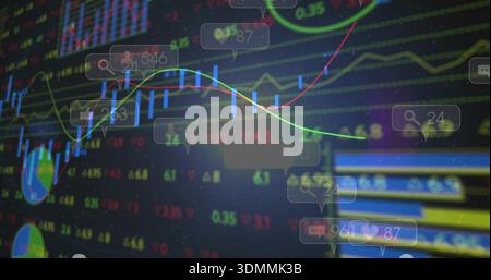 Displaying dark market dashboard showing candlestick chart on monitor, with tickers and bubbles Stock Photo