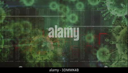Displaying green terminal columns in digital montage, red-boxed data pulsing with virus visuals Stock Photo