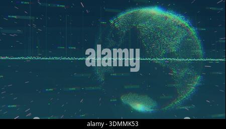 Streaming dot-cloud globe rotating on right in data space, showing waveform and numeric labels Stock Photo