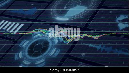 Displaying multicolor wavy line graph with circular HUD on virtual dashboard, showing readouts Stock Photo