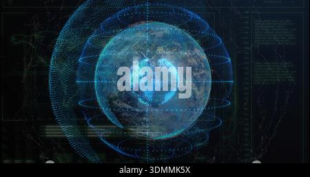 Rotating holographic Earth globe showing orbital rings and code panels in virtual control center Stock Photo