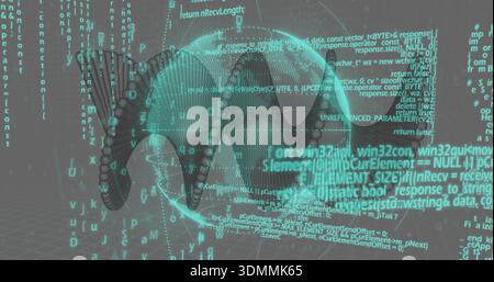 Displaying translucent 3D skull glowing on grid plane, with cascading code, beads and globe Stock Photo