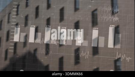 Overlaying bar chart merging with modern facade at urban plaza, showing numeric labels and waveform Stock Photo