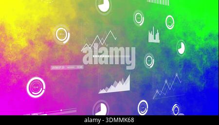 Displaying translucent data visualization cluster floating in virtual dashboard, with line charts Stock Photo