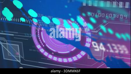 Pulsing magenta HUD rotating on data UI, showing segmented ring, cyan pulse stream, readouts Stock Photo