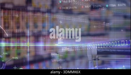 Displaying digital overlay over store aisle, showing binary stream, ticker, cart handle Stock Photo
