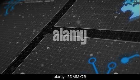 Displaying transparent HUD panels over dark gridded background, showing neon blue globe traces Stock Photo
