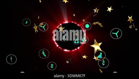 Radiating central black void with red ring in dark space, displaying teal icons and gold stars Stock Photo