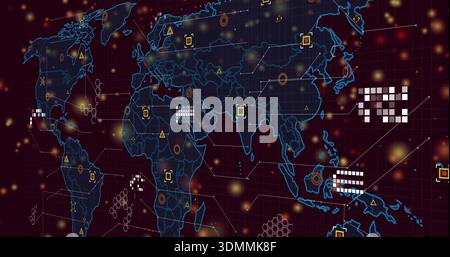 Displaying neon global map in virtual dashboard, showing connector lines, nodes, pixel clusters Stock Photo