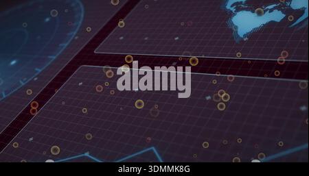 Displaying digital grid interface with floating amber nodes, dotted world map and radar disk Stock Photo