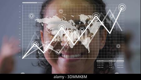 Smiling adult female presenting HUD overlay in lab, showing dotted world map and visible braces Stock Photo