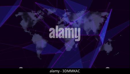 Displaying dotted world map linking neon lines and triangles on indigo backdrop, glowing nodes Stock Photo