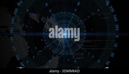 Displaying blue hub and concentric rings rotating in HUD, showing dotted globe and code snippets Stock Photo