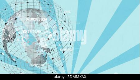 Displaying 3D globe occupying left in banner, showing grid lines, node markers, white data overlays Stock Photo