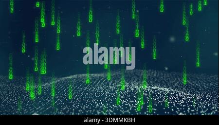 Streaming green binary code cascading through digital landscape, forming glowing point-cloud Stock Photo