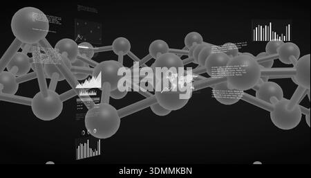 Displaying glossy spherical nodes linked by cylindrical rods in dark virtual space, with HUD panels Stock Photo