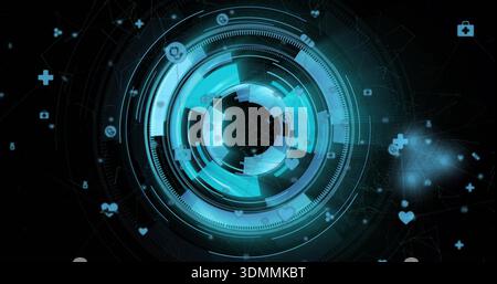 Rotating central circular interface scanning medical HUD, showing rings, hearts, padlock, nodes Stock Photo