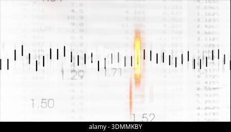 Displaying wide waveform of vertical black bars on digital chart, with warm spike and numeric data Stock Photo