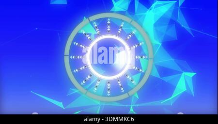 Radiating multi-ringed circular device glowing on deep blue gradient, with cyan low-poly network Stock Photo