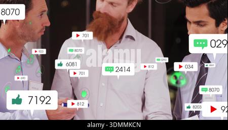 Reviewing three businessmen leaning in and studying floating metrics at conference with name badges Stock Photo
