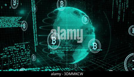 Displaying holographic teal globe rotating in virtual network, with floating Bitcoin icons Stock Photo