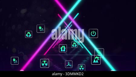 Glowing neon tunnel forming cyan magenta beams with glossy floor in void, showing energy icons Stock Photo
