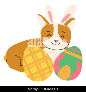Cute easter dog with bunny ears and eggs with simple spring patterns. Happy Easter vector illustration isolated on white. Stock Vector