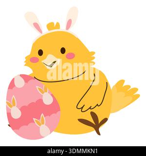 Cute chick with easter bunny ears and egg. Vector illustration isolated on white. Stock Vector