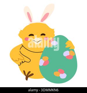 Cute cartoon chick with easter bunny ears and egg. Vector illustration isolated on white. Stock Vector
