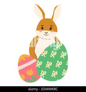 Cute rabbit with easter eggs with simple spring patterns. Vector illustration isolated. Stock Vector